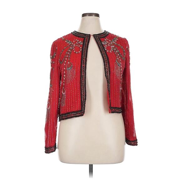 Vtg Laurence Kazar Silk Beaded Evening Trophy Jacket Red Tassel Holiday XL - Picture 1 of 5
